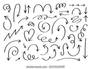 Hand drawn doodle arrows. A set of various thin lines: straight, curved, and twisted black arrows. Sketch elements. Isolated signs on a white background for notes, navigation, and web designs. Vector.