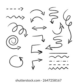 Hand drawn doodle arrows set. Black line arrows and curves in different directions. Sketch style spiral, zigzag, wavy, curved, straight, dashed lines and circles