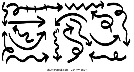 Setas de rabiscar desenhadas à mão definem o estilo de rabiscar no fundo branco. Ilustração do vetor do elemento de design