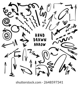 Ensemble de flèches dessinées à la main. Flèches et courbes en ligne noire dans différentes directions. Style d'esquisse spirale, zigzag, ondulé, courbe, droite, lignes en pointillés et cercles