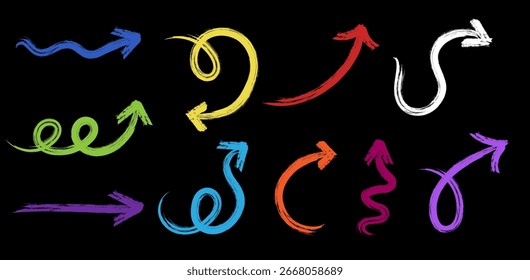 Conjunto de flechas de doodle dibujadas a mano. Flechas coloridas del trazo del pincel en el fondo negro.