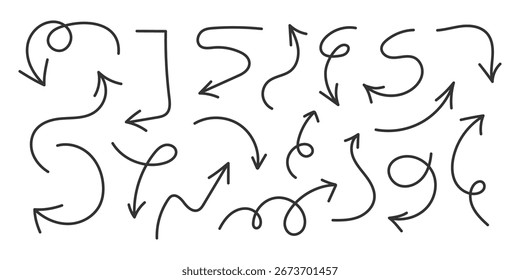 Setas de rabiscar desenhadas à mão ajustadas. Seta de esboço simples. Linha preta Elementos para notas, infográficos, destaques, apresentações, design de negócios escolares, materiais educacionais