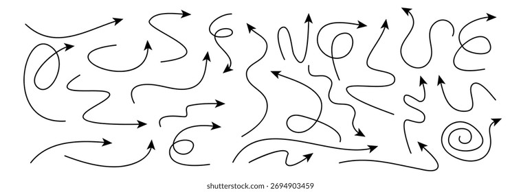 Setas de doodle desenhadas à mão definidas em estilo de linha preta fina com ondulado curvo e setas espirais perfeitas para esboço ilustração ícones web design e direção criativa graphics.Vetor coleção minima
