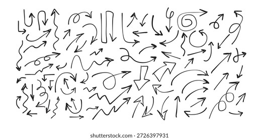 Conjunto de flechas de doodle dibujadas a mano, colección de punteros de dirección de estilo de boceto, símbolos de navegación curvos y rectos, Elementos de Vector de arte de línea negra para infografía, presentación, Diseño web e interfaz de usuario.