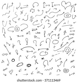Hand drawn doodle arrows set isolated on white background. Vector image with arrow element for design mock up. Design elements for website.