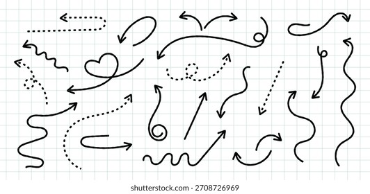 Flechas de Doodle dibujadas a mano - Punteros direccionales incompletos en papel de cuadrícula