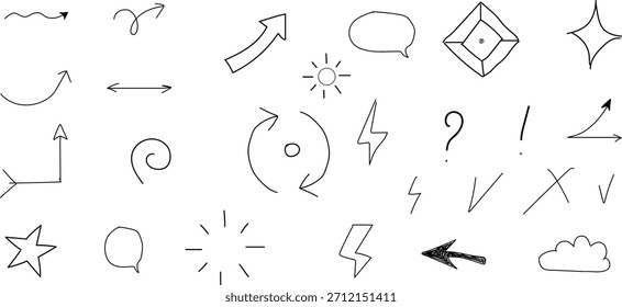 Handgezeichnete Doodle-Pfeile, Sprechblasen, Formen und Symbolsätze