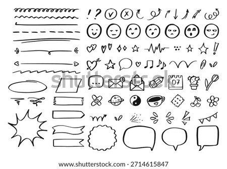 Hand drawn doodle arrows, underlines, speech bubbles in sketch style. Line art set of decorative icons, scribbles and graphic symbols. Ideal for emphasis, text decoration. Black and white vector set.