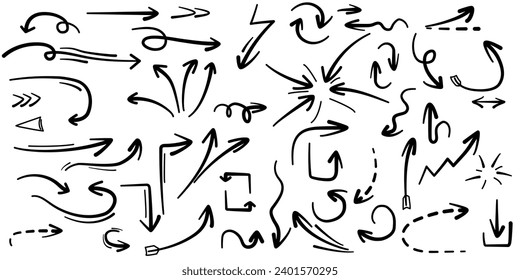 hand drawn doodle arrows vector icon set. isolated on white background. Hand drawn freehand different curved lines, swirls arrows
