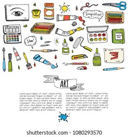 Hand drawn doodle Art and Craft tools icons set Vector illustration art instruments symbols collection Cartoon various art tools Brush Watercolor Paint Artist elements on white background Sketch