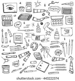 Hand drawn doodle Art and Craft tools icons set Vector illustration artistic instruments symbols collection Cartoon Sketch Brush Watercolor Paint Elements isolated on white background