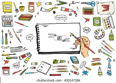 Hand drawn doodle Art and Craft tools icons set Vector illustration art instruments symbols collection Cartoon various art tools Brush Watercolor Paint Artist elements on white background Sketch