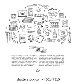 Hand drawn doodle Art and Craft tools icons set Vector illustration art instruments symbols collection Cartoon various art tools Brush Watercolor Paint Artist elements on white background Sketch