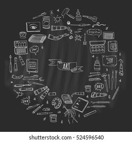Hand drawn doodle Art and Craft tools icons set Vector illustration art instruments symbols collection Cartoon various art tools Brush Watercolor Paint Artist elements on chalkboard background Sketch