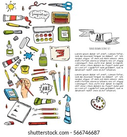 Hand drawn doodle Art and Craft tools icons set. Vector illustration design instruments symbols collection. Cartoon various tools: Brush Watercolor Paint Artist elements on white background. Sketch.