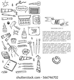 Hand drawn doodle Art and Craft tools icons set. Vector illustration design instruments symbols collection. Cartoon various tools: Brush Watercolor Paint Artist elements on white background. Sketch.