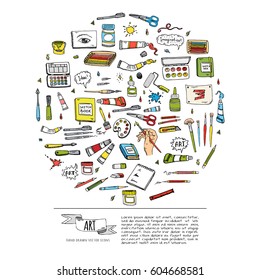 Hand drawn doodle Art and Craft tools icons set Vector illustration art instruments symbols collection Cartoon various art tools Brush Watercolor Paint Artist elements on white background Sketch