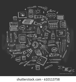 Hand drawn doodle Art and Craft tools icons set Vector illustration art instruments symbols collection Cartoon various art tools Brush Watercolor Paint Artist elements on white background Sketch