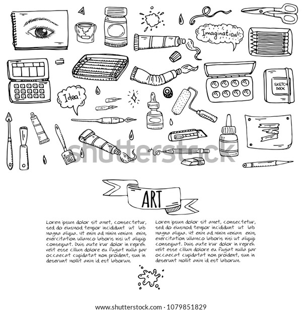 Hand drawn doodle Art and Craft tools icons set\
Vector illustration art instruments symbols collection Cartoon\
various art tools Brush Watercolor Paint Artist elements on white\
background Sketch