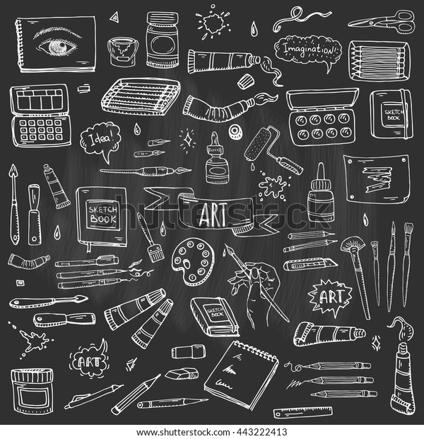 Hand drawn doodle Art and Craft tools icons\
set Vector illustration artistic instruments symbols collection\
Cartoon Sketch Brush Watercolor Paint Elements isolated on\
blackboard background