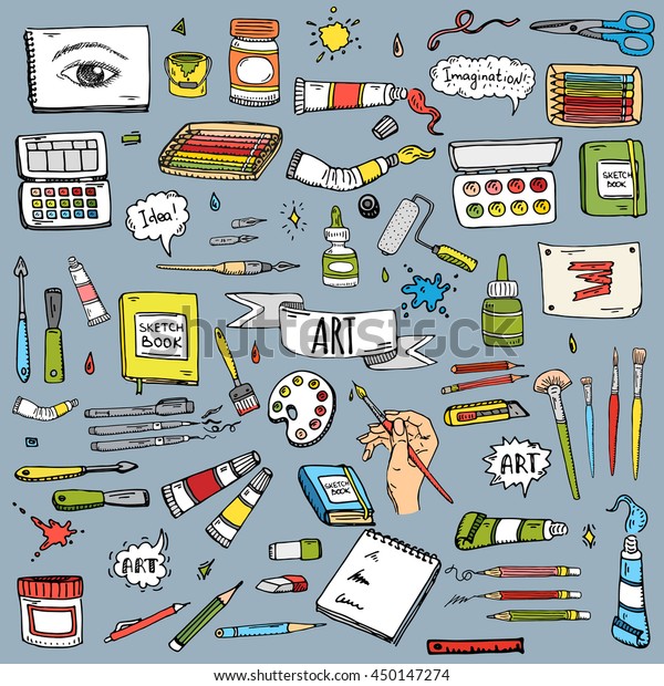 Hand drawn doodle Art and Craft tools icons set\
Vector illustration art instruments symbols collection Cartoon\
various art tools Brush Watercolor Paint Artist elements on white\
background Sketch