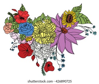 hand drawn ,doodle art flower ,Bouquet of tropical flowers.peony flower with sunflower and rose illustration.
