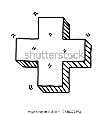 Hand drawn doodle art line drawing cartoon plus symbol icon. 3D plus sign vector illustration
