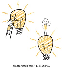 hand drawn doodle art of two stick figured man find new idea.business concept