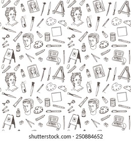 Hand drawn doodle artist tools set seamless pattern.