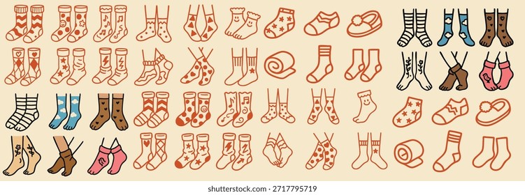 Handgezeichnete Doodle Artwork arrangiert viele verschiedene gemütliche Socken und Hausschuhe in ordentlichen Reihen, mit Mustern, Pom Poms, Streifen und Herzen. Charmante Vektorkunst passt zu Kinderbekleidung, Verpackung und verspieltem Schreibwarendesign, skurril.