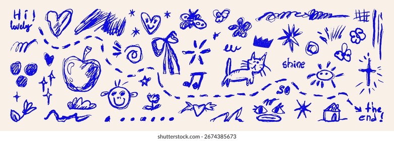 Paquete de activos de doodle dibujado a mano. Forma y Elementos de garabatos de crayón de carbón. Niño dibujando colección de Vector ingenua