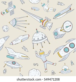Hand drawn doodle astronomy seamless pattern. Background with space objects, planets,shuttles, rockets, satellites and cosmonaut. Colorful. 