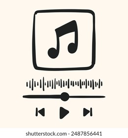 Hand drawn doodle audio player vertical template. Music player interface style buttoms, loading bar, sound wave sign, frame for album photo With illustration style doodle and line art