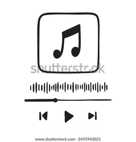 Hand drawn doodle audio player vertical template. Music player interface style buttoms, loading bar, sound wave sign, frame for album photo. . Vector illustration