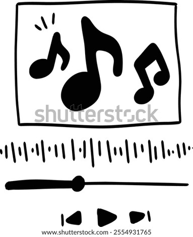 Hand drawn doodle audio player vertical template. Music player interface style buttoms, loading bar, sound wave sign, frame for album photo With illustration style doodle and line art