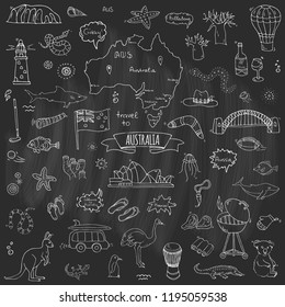 Hand drawn doodle Australia icons set Vector illustration isolated symbols collection of australian symbols Cartoon elements: map, flag, opera house, bbq, kangaroo, bridge, coral reef, snake, shark