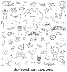 Hand drawn doodle Australia icons set Vector illustration isolated symbols collection of australian symbols Cartoon elements: map, flag, opera house, bbq, kangaroo, bridge, coral reef, snake, shark