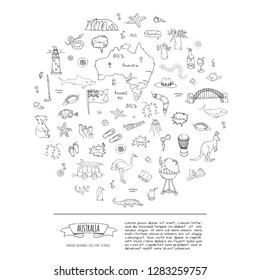 Hand drawn doodle Australia icons set Vector illustration isolated symbols collection of australian symbols Cartoon elements: flag, bbq, kangaroo, bridge, coral reef, snake, shark, ostrich, lighthouse