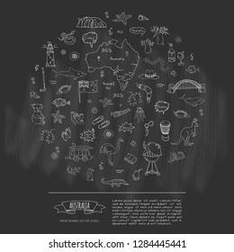Hand drawn doodle Australia icons set Vector illustration isolated symbols collection of australian symbols Cartoon elements: flag, bbq, kangaroo, bridge, coral reef, snake, shark, ostrich, lighthouse