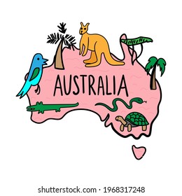 Hand drawn doodle Australia map. National symbols, animals, trees.  nature, weather, sightseeing infographic. Vector illustration