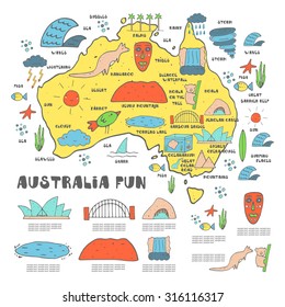 Hand drawn doodle Australia trip infographic with waterfall, mountain, tribe mask, lake, bridge, surf, wave, oceanarium, koala, kangaroo, cave, bird. Australia nature, weather, sightseeing infographic