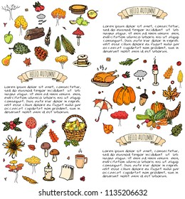 Hand drawn doodle Autumn icons set. Vector illustration. Fall symbols collection. Cartoon various seasonal elements: turkey, harvest, vegetables, pumpkin pie, leaves, trees, hot tea, wine, mushrooms