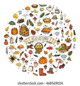 Hand drawn doodle Autumn icons set. Vector illustration. Fall symbols collection. Cartoon various seasonal elements: turkey, harvest, vegetables, pumpkin pie, leaves, trees, hot tea, wine, mushrooms