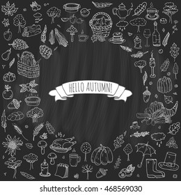 Hand drawn doodle Autumn icons set. Vector illustration. Fall symbols collection. Cartoon various seasonal elements: turkey, harvest, vegetables, pumpkin pie, leaves, trees, hot tea, wine, mushrooms