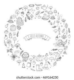 Hand drawn doodle Autumn icons set. Vector illustration. Fall symbols collection. Cartoon various seasonal elements: turkey, harvest, vegetables, pumpkin pie, leaves, trees, hot tea, wine, mushrooms