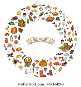 Hand drawn doodle Autumn icons set. Vector illustration. Fall symbols collection. Cartoon various seasonal elements: turkey, harvest, vegetables, pumpkin pie, leaves, trees, hot tea, wine, mushrooms