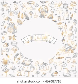 Hand drawn doodle Autumn icons set. Vector illustration.