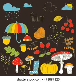Hand drawn doodle Autumn icons set. Vector illustration. Fall symbols collection. Cartoon various seasonal elements