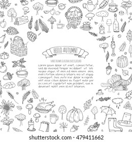 Hand drawn doodle Autumn icons set. Vector illustration. Fall symbols collection. Cartoon various seasonal elements: turkey, harvest, vegetables, pumpkin pie, leaves, trees, hot tea, wine, mushrooms