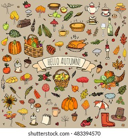 Hand drawn doodle Autumn icons set. Vector illustration. Fall symbols collection. Cartoon various seasonal elements: turkey, harvest, vegetables, pumpkin pie, leaves, trees, hot tea, wine, mushrooms
